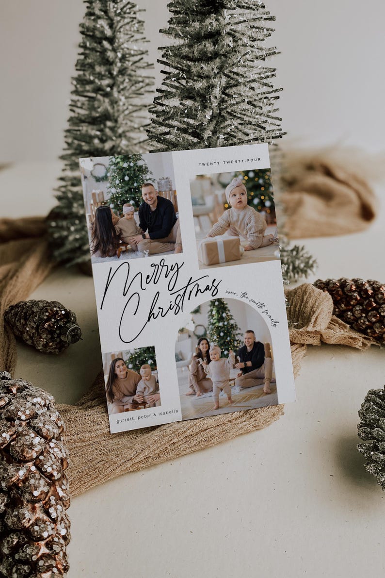 May include: A Christmas card with a white background and a collage of photos of a family. The text "Merry Christmas" is written in black cursive script. The text "from the smith family" is written in black script in a circle. The text "garrett, peter & isabella" is written in black script at the bottom of the card.