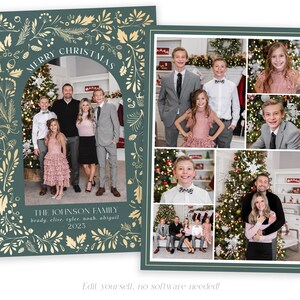 May include: A Christmas card featuring a family portrait with a gold and green floral border. The text "Merry Christmas" is at the top of the card and the text "The Johnson Family" is at the bottom of the card. The family members are smiling and standing in front of a Christmas tree.