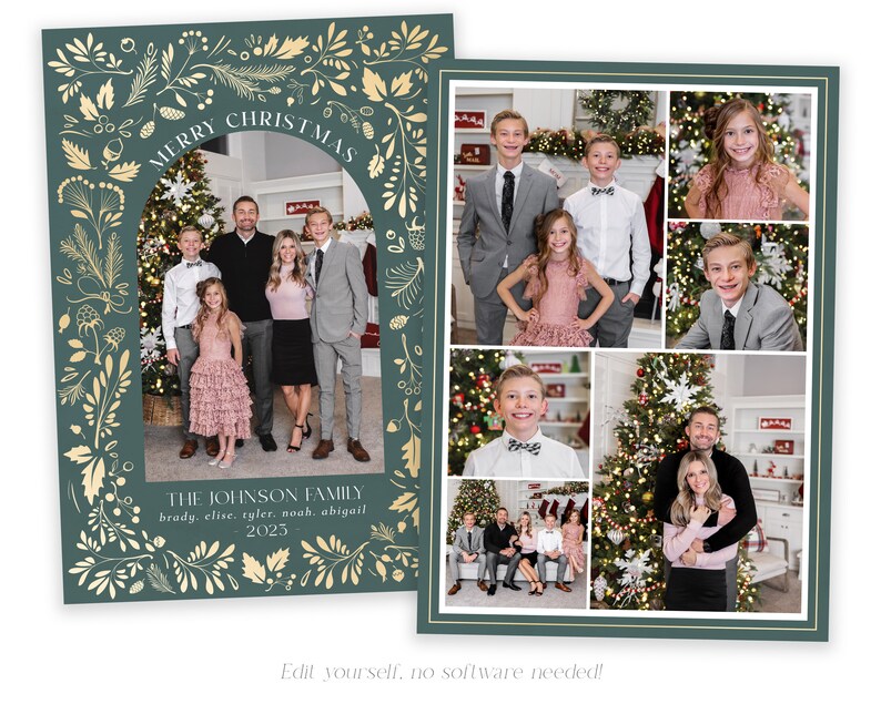 May include: A Christmas card featuring a family portrait with a gold and green floral border. The text "Merry Christmas" is at the top of the card and the text "The Johnson Family" is at the bottom of the card. The family members are smiling and standing in front of a Christmas tree.
