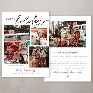 Pu&ograve; includere: Un biglietto di Natale con un collage di foto di una famiglia con il loro cane. Il biglietto ha uno sfondo bianco con testo nero che dice "Buon Natale" e "Auguri pi&ugrave; cari". Il testo include anche il nome della famiglia e un messaggio che augura a tutti una meravigliosa stagione natalizia.