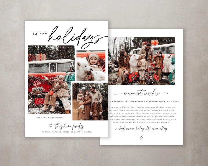 Pu&ograve; includere: Un biglietto di Natale con un collage di foto di una famiglia con il loro cane. Il biglietto ha uno sfondo bianco con testo nero che dice "Buon Natale" e "Auguri pi&ugrave; cari". Il testo include anche il nome della famiglia e un messaggio che augura a tutti una meravigliosa stagione natalizia.