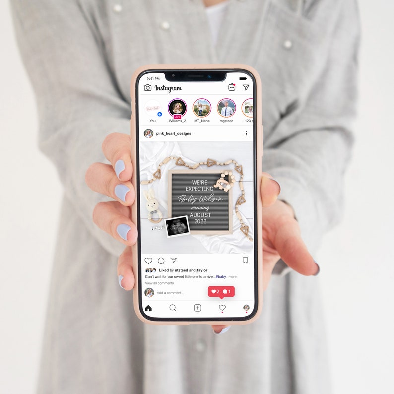 May include: Instagram post announcing the arrival of Baby Wilson in August 2022. The post features a letter board with the announcement, a wooden bunny rattle, and a sonogram image. The caption reads "Liked by ntsteed and taylor Can't wait for our sweet little one to arrive #baby"