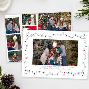 May include: A Christmas card featuring a photograph of a family of four standing in front of a Christmas tree. The card has a border of red, green and blue lights. The text on the card reads "Wishing you a wonderful holiday season & New Year filled with happiness! Love Thomas, Emma, Haley, Glenn, Max"