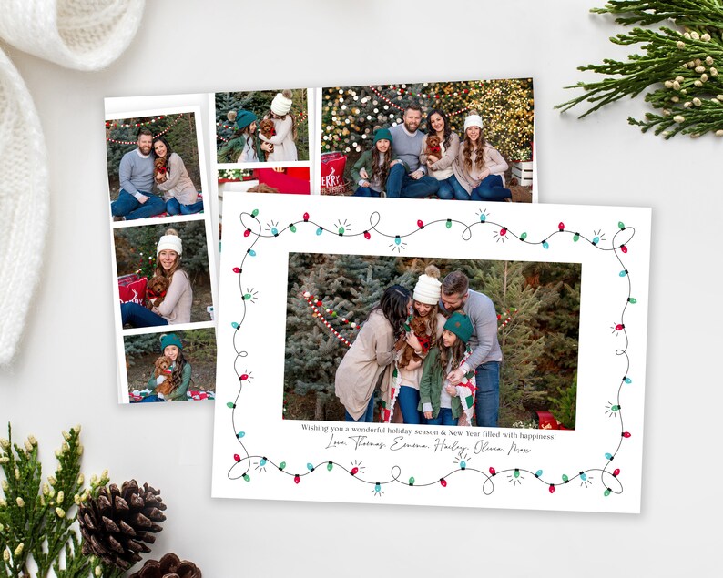 May include: A Christmas card featuring a photograph of a family of four standing in front of a Christmas tree. The card has a border of red, green and blue lights. The text on the card reads "Wishing you a wonderful holiday season & New Year filled with happiness! Love Thomas, Emma, Haley, Glenn, Max"