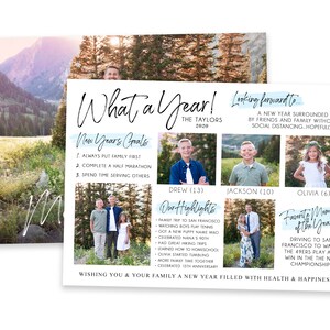 Puede incluir: Una tarjeta blanca con un fondo de acuarela azul y el texto "What a Year!" en letra cursiva negra. La tarjeta presenta fotos de una familia de cuatro, incluyendo dos ni&ntilde;os y una ni&ntilde;a, con sus edades listadas debajo de cada foto. La tarjeta tambi&eacute;n incluye una lista de "Objetivos de A&ntilde;o Nuevo" y "Nuestros Aspectos Destacados" para el a&ntilde;o 2020.