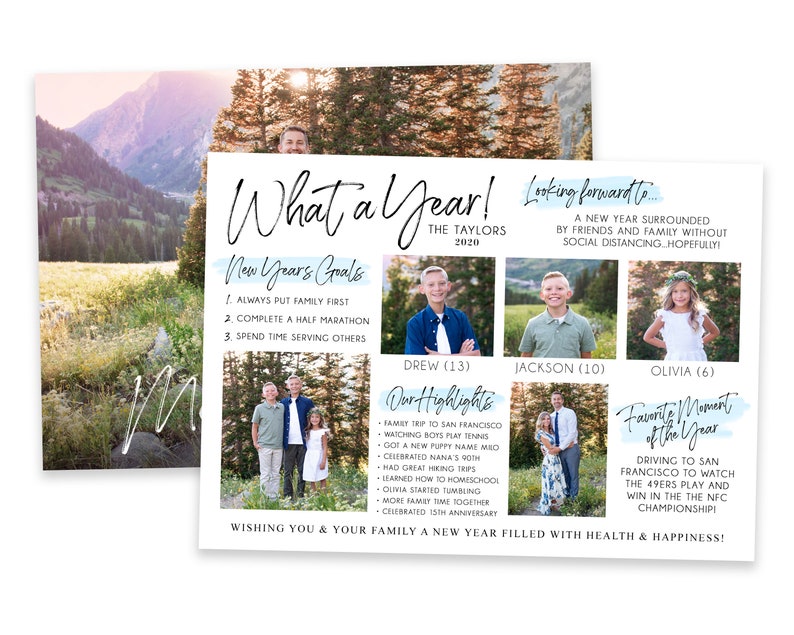 Puede incluir: Una tarjeta blanca con un fondo de acuarela azul y el texto "What a Year!" en letra cursiva negra. La tarjeta presenta fotos de una familia de cuatro, incluyendo dos ni&ntilde;os y una ni&ntilde;a, con sus edades listadas debajo de cada foto. La tarjeta tambi&eacute;n incluye una lista de "Objetivos de A&ntilde;o Nuevo" y "Nuestros Aspectos Destacados" para el a&ntilde;o 2020.