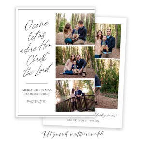 May include: A Christmas card featuring a family of three in a wooded setting. The card has a white background with black text that reads "Come let us adore Him, Christ the Lord." The card also includes the text "Merry Christmas, The Maxwell Family."  The family is pictured in four different photos, all taken in the woods. The photos show the family smiling and looking happy. The card is a great way to spread holiday cheer.