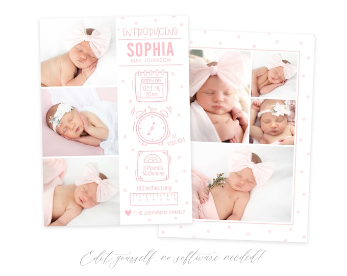 Baby Birth Announcement Template Girl - Stats Newborn Announcement - Girl Newborn Template - Photo Birth Announcement - Corjl