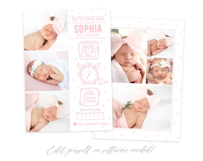 Baby Birth Announcement Template Girl - Stats Newborn Announcement - Girl Newborn Template - Photo Birth Announcement - Corjl