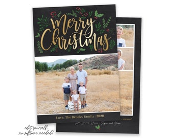 Christmas Card Template | Merry Christmas Cards | Photo Christmas Cards | Editable Christmas Card | Gold Christmas Card Template 5x7 | Corjl