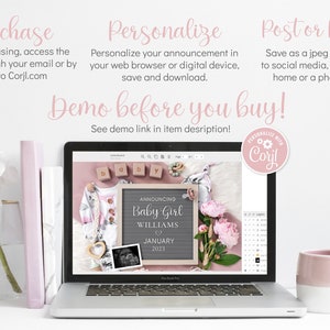 Puede incluir: Una pantalla de computadora port&aacute;til que muestra una plantilla de dise&ntilde;o digital para un anuncio de nacimiento de una ni&ntilde;a. El dise&ntilde;o presenta un tablero de letras con el texto "Announcing Baby Girl Williams January 2023" y un arreglo floral rosa y blanco. La plantilla se puede personalizar a trav&eacute;s del sitio web Corjl.com.