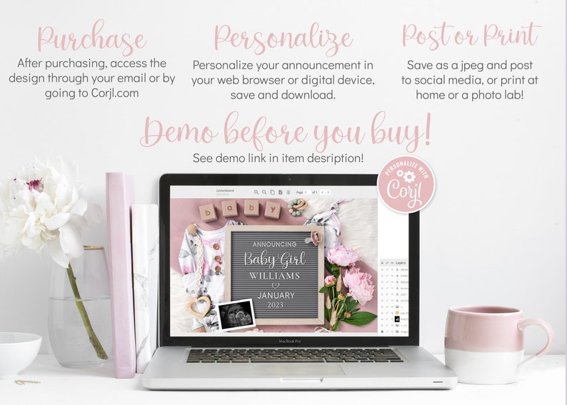 Puede incluir: Una pantalla de computadora port&aacute;til que muestra una plantilla de dise&ntilde;o digital para un anuncio de nacimiento de una ni&ntilde;a. El dise&ntilde;o presenta un tablero de letras con el texto "Announcing Baby Girl Williams January 2023" y un arreglo floral rosa y blanco. La plantilla se puede personalizar a trav&eacute;s del sitio web Corjl.com.