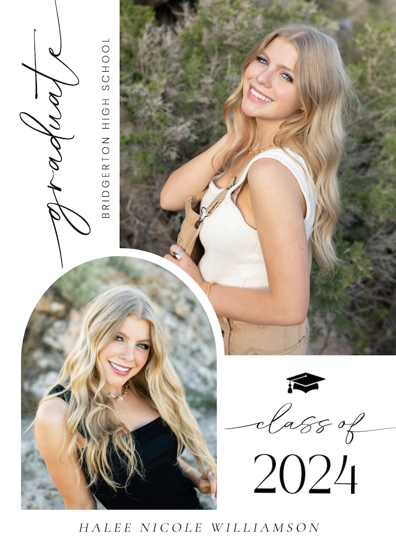 May include: A graduation announcement with a photo of a young woman with blonde hair. The announcement says "graduate" in cursive at the top, "Bridgerton High School" in the upper right corner, and "class of 2024" in the lower right corner. The announcement also includes the name "Halee Nicole Williamson".