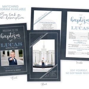 May include: A blue and white printable baptism program with a photo of a young boy in a suit. The program includes the name Lucas and the date August 3, 2022. The back of the program features a photo of a temple and the text "It's Great to Be 8".