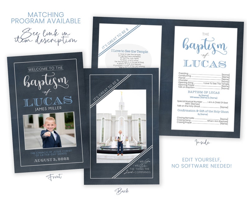May include: A blue and white printable baptism program with a photo of a young boy in a suit. The program includes the name Lucas and the date August 3, 2022. The back of the program features a photo of a temple and the text "It's Great to Be 8".