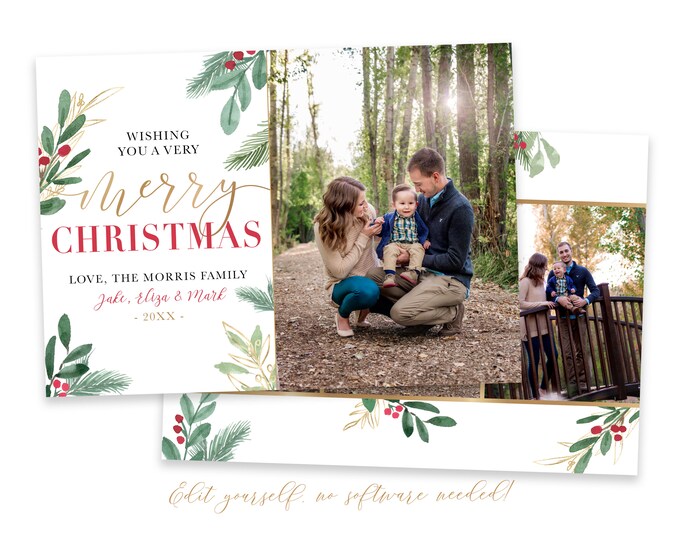 Merry Christmas Card Template | Christmas Cards Template 5x7 | Editable Photo Christmas Card | Holiday Card Templates | Corjl