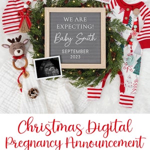 May include: Christmas-themed pregnancy announcement with a letter board that reads "We are expecting! Baby Smith September 2023". The board is surrounded by a wreath of greenery, a baby hat, a baby outfit, a stuffed reindeer, a baby rattle, and a sonogram image.