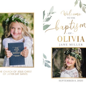 May include: A baptism invitation with a floral design and a photo of a young girl holding a book titled "The Book of Mormon". The text reads "Welcome to the baptism of Olivia Jane Miller, September 8, 2020".