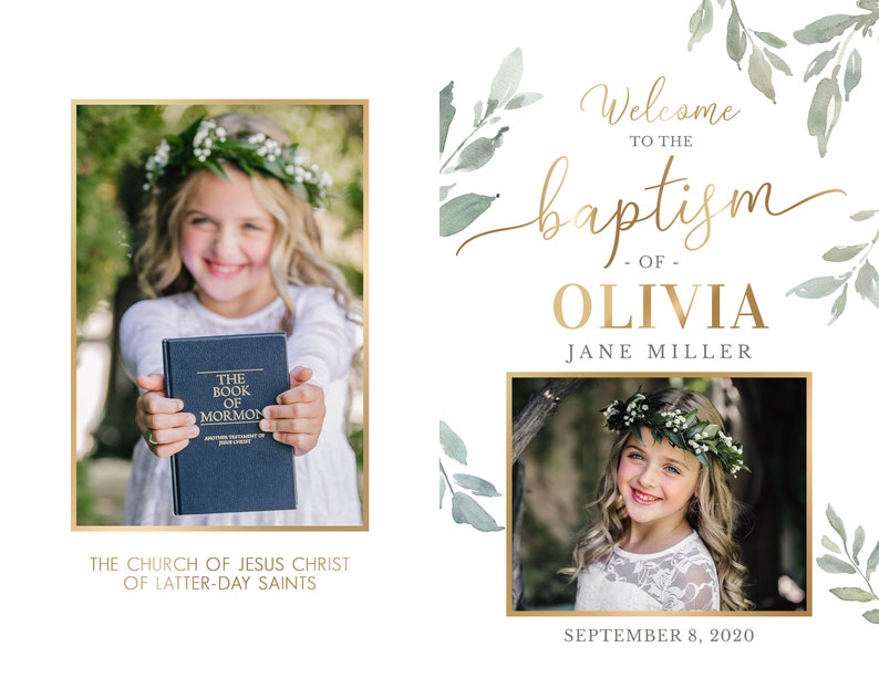 May include: A baptism invitation with a floral design and a photo of a young girl holding a book titled "The Book of Mormon". The text reads "Welcome to the baptism of Olivia Jane Miller, September 8, 2020".