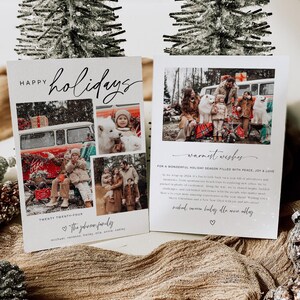 Pu&ograve; includere: Un biglietto di Natale con un collage di foto di famiglia in un furgone vintage. La carta ha uno sfondo bianco con testo nero che dice "Buon Natale" e "Auguri pi&ugrave; cari". Il testo include anche il nome della famiglia, "The Johnson Family", e l'anno, "Twenty Twenty-Four".
