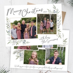 May include: A Christmas card with a collage of family photos. The card has a white background with green and blue watercolor leaves and berries. The text "Merry Christmas 2023" is at the top of the card. The text "with love, the Swensons" is at the bottom of the card. The card also includes the text "Wishing you and your family a new year filled with joy and happiness!"