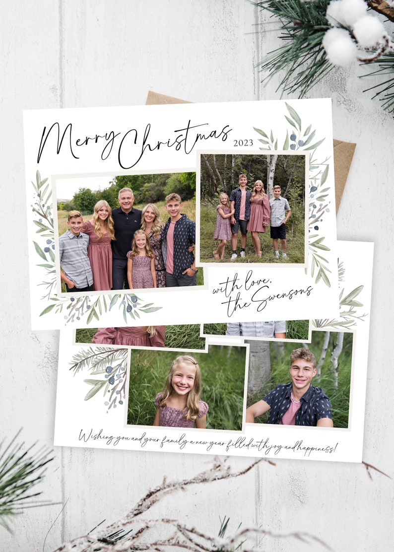 May include: A Christmas card with a collage of family photos. The card has a white background with green and blue watercolor leaves and berries. The text "Merry Christmas 2023" is at the top of the card. The text "with love, the Swensons" is at the bottom of the card. The card also includes the text "Wishing you and your family a new year filled with joy and happiness!"