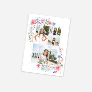 May include: A white photo print featuring four images of a young person wearing a floral crown and white dress. The print is bordered by a watercolor floral design in pink, purple, and blue hues. The photos are arranged in a rectangular layout.