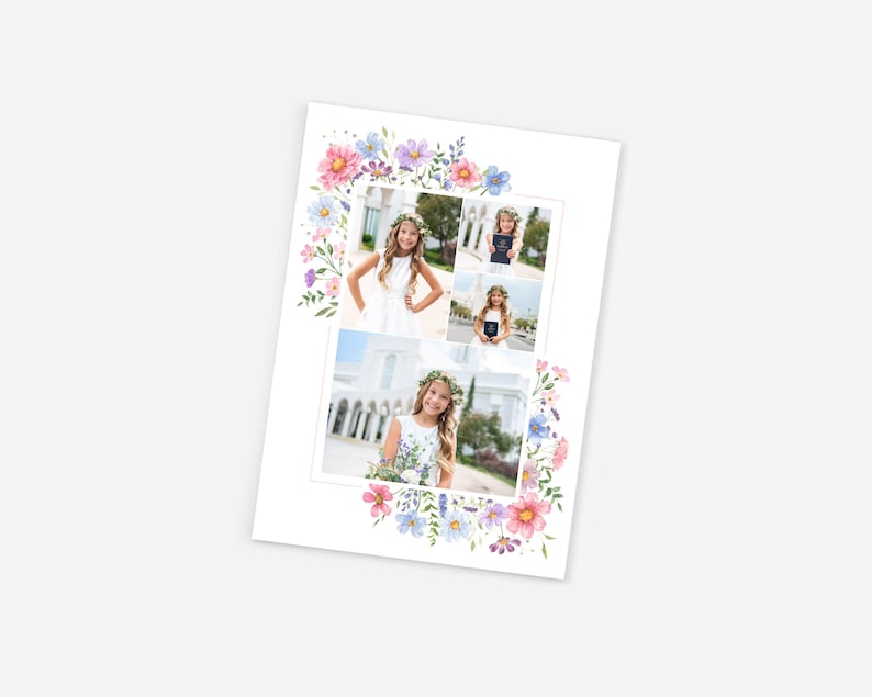 May include: A white photo print featuring four images of a young person wearing a floral crown and white dress. The print is bordered by a watercolor floral design in pink, purple, and blue hues. The photos are arranged in a rectangular layout.
