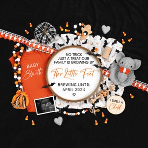 May include: A Halloween-themed pregnancy announcement with a black and white pumpkin, a baby onesie that says "Baby Smith", a framed ultrasound image, and a wooden hoop with the text "No trick just a treat our family is growing by two little feet brewing until April 2024".