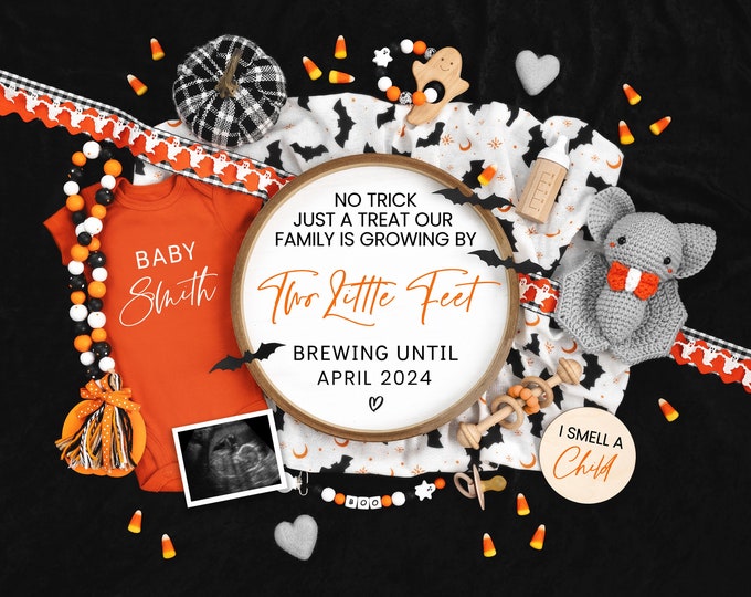 Halloween Digital Pregnancy Announcement, Fall Baby Announcement, Halloween Social Media, Instant Editable Template, No Trick Just a Treat