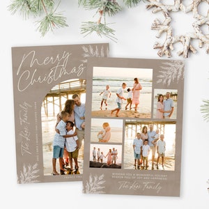 May include: A Christmas card with a collage of family photos on a beige background. The card features a white script font that says "Merry Christmas" and "The Koox Family". The card also includes a white floral design.