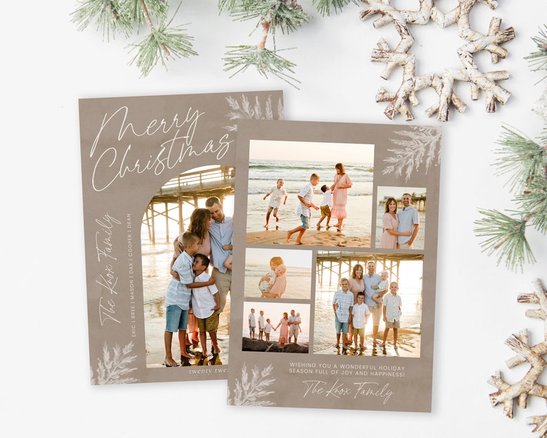 May include: A Christmas card with a collage of family photos on a beige background. The card features a white script font that says "Merry Christmas" and "The Koox Family". The card also includes a white floral design.