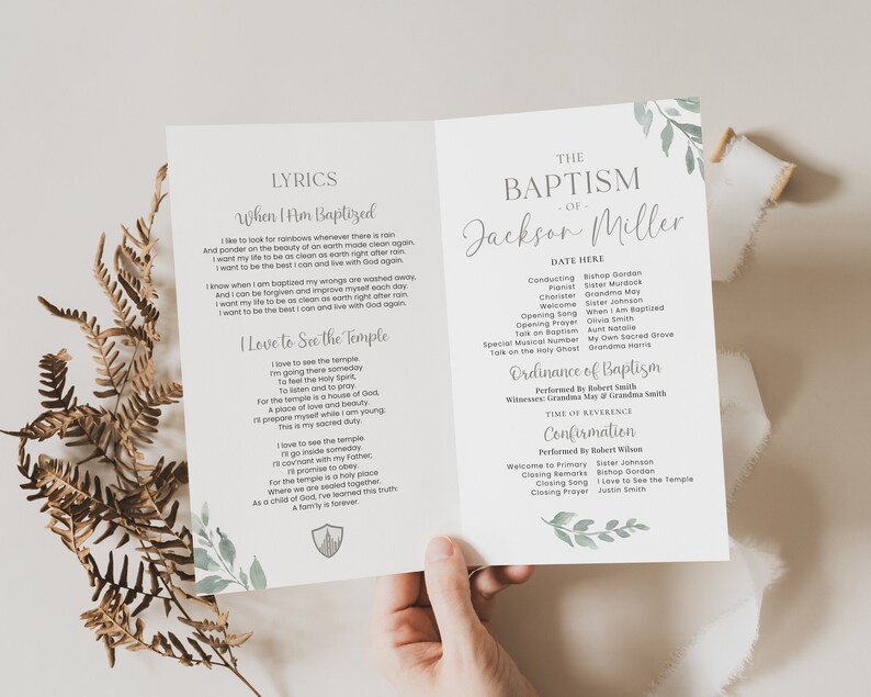 May include: A white and green baptism programme with the title "The Baptism of Jackson Miller". The programme lists the order of service, including the names of the officiant, musicians, and speakers. The programme also includes the lyrics to two hymns: "When I Am Baptized" and "I Love to See the Temple".