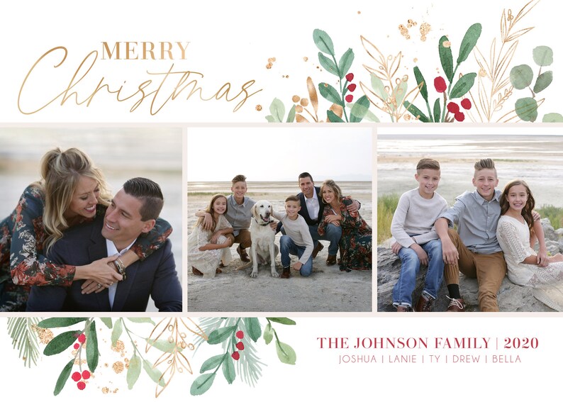 May include: A Christmas card featuring a family of five with a dog. The card has a watercolor design of greenery and berries with gold accents. The text on the card reads "Merry Christmas" and "The Johnson Family | 2020 Joshua | Lanie | Ty | Drew | Bella".