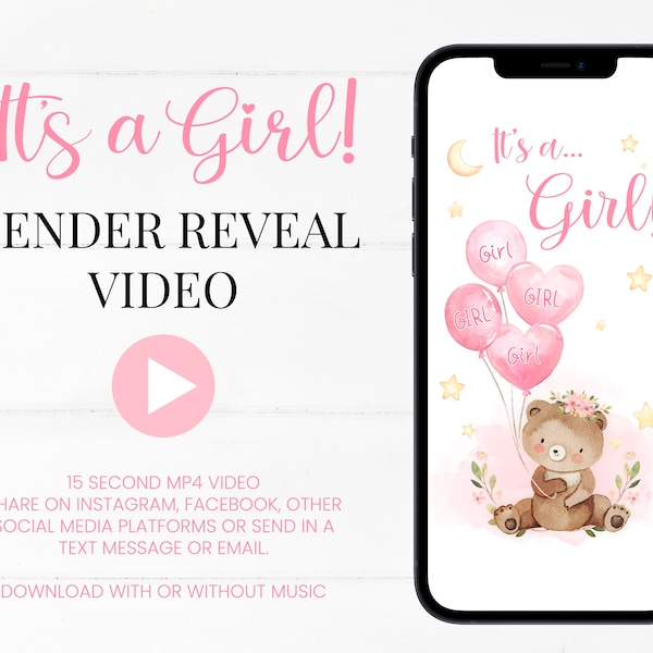 Digital Gender Reveal Video | It's a Girl! Digital Gender Reveal Video for Social Media - Music and Confetti Pop | Instant Download