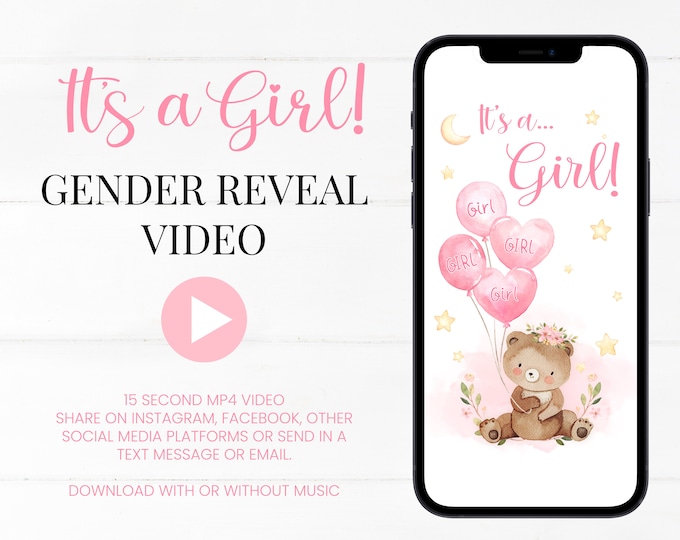 Digital Gender Reveal Video | It's a Girl! Digital Gender Reveal Video for Social Media - Music and Confetti Pop | Instant Download