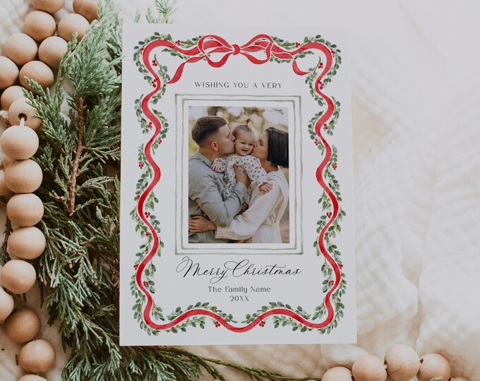 Watercolor Christmas Photo Card Template, Red Ribbon & Eucalyptus Wreath, Editable Canva Holiday Card