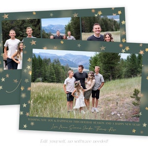 May include: A Christmas card with a green background and gold stars. The card features a family photo of five people standing in a field with mountains in the background. The text on the card reads "Wishing you joy & happiness this holiday season and a happy new year! Love from Juana, Jordan, Thomas & Rose."