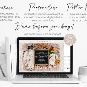 May include: A laptop screen displaying a digital design template for a baby announcement. The design features a white onesie with the text "Baby Oliver", a chalkboard sign with the text "The best things in life are un-eggspected", and a stuffed bunny rabbit. The text "Demo before you buy!" is displayed above the laptop.