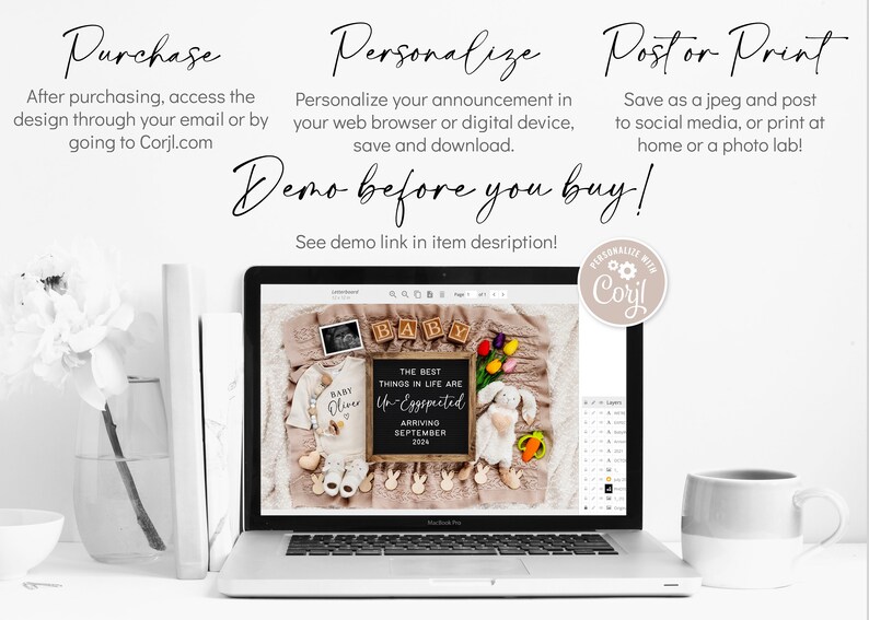 May include: A laptop screen displaying a digital design template for a baby announcement. The design features a white onesie with the text "Baby Oliver", a chalkboard sign with the text "The best things in life are un-eggspected", and a stuffed bunny rabbit. The text "Demo before you buy!" is displayed above the laptop.
