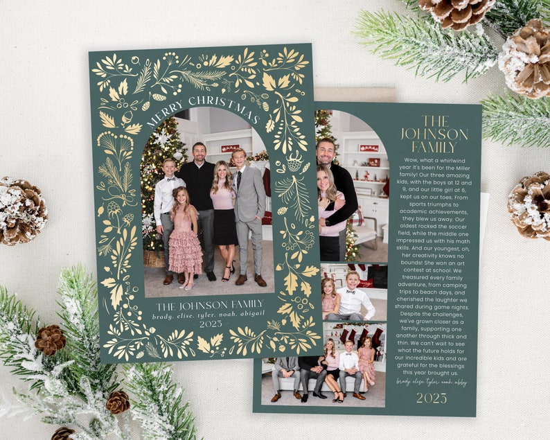 May include: A green Christmas card with a gold floral border and a photo of a family of five. The text "Merry Christmas" is written in gold lettering. The text "The Johnson Family" is written in gold lettering below the photo. The year "2023" is written in gold lettering below the family name. The card also includes a text block with a message about the family's year.