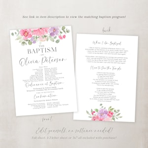 May include: A printable baptism program with a watercolor floral design in shades of pink and purple. The program includes the name Olivia Peterson, the date, and the order of service. The back of the program features a poem about baptism and a poem about the temple.
