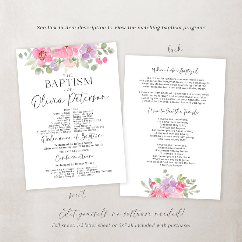 May include: A printable baptism program with a watercolor floral design in shades of pink and purple. The program includes the name Olivia Peterson, the date, and the order of service. The back of the program features a poem about baptism and a poem about the temple.