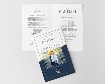 May include: A baptism program with a photo of a young person in a blue blazer and tie. The program has a navy blue and gold design with the text "Welcome to the Baptism of Justin Harris". Lyrics and other details are also included.