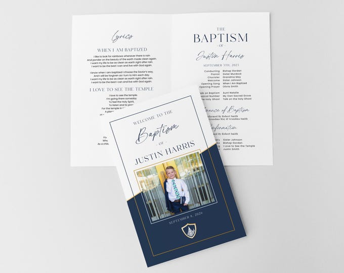 LDS Boy Baptism Program Template Printable, Foldable Design: Blue and Gold (Corjl)