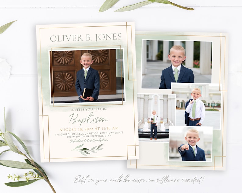 May include: A baptism invitation with a green watercolour background and gold accents. The invitation features a photo of a young boy in a suit and tie. The text on the invitation reads "Oliver B. Jones invites you to his Baptism August 18, 2022 at 11:30 AM The Church of Jesus Christ of Latter-day Saints 270 W Burton Ln | Kaysville, Utah"