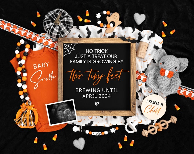 Halloween Digital Pregnancy Announcement, Fall Baby Announcement, Halloween Social Media, Instant Editable Template, No Trick Just a Treat