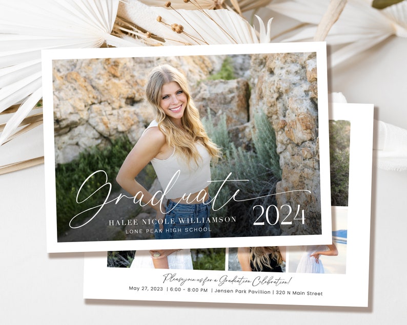 K&ouml;nnte beinhalten: Eine Graduation-Ank&uuml;ndigung mit einem Foto einer jungen Frau vor einer felsigen Wand. Der Text lautet "Graduate 2024", "Halee Nicole Williamson" und "Lone Peak High School". Die Ank&uuml;ndigung enth&auml;lt auch Details f&uuml;r eine Graduation-Feier am 27. Mai 2023, von 16:00 bis 20:00 Uhr im Jensen Park Pavillion, 320 N Main Street.