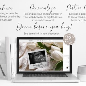 May include: A laptop screen displaying a digital design template for a baby announcement. The design features a black and white ultrasound image with the text "Baby Wilson Due April 2023". The laptop is on a white surface with a white mug and a vase of white flowers.