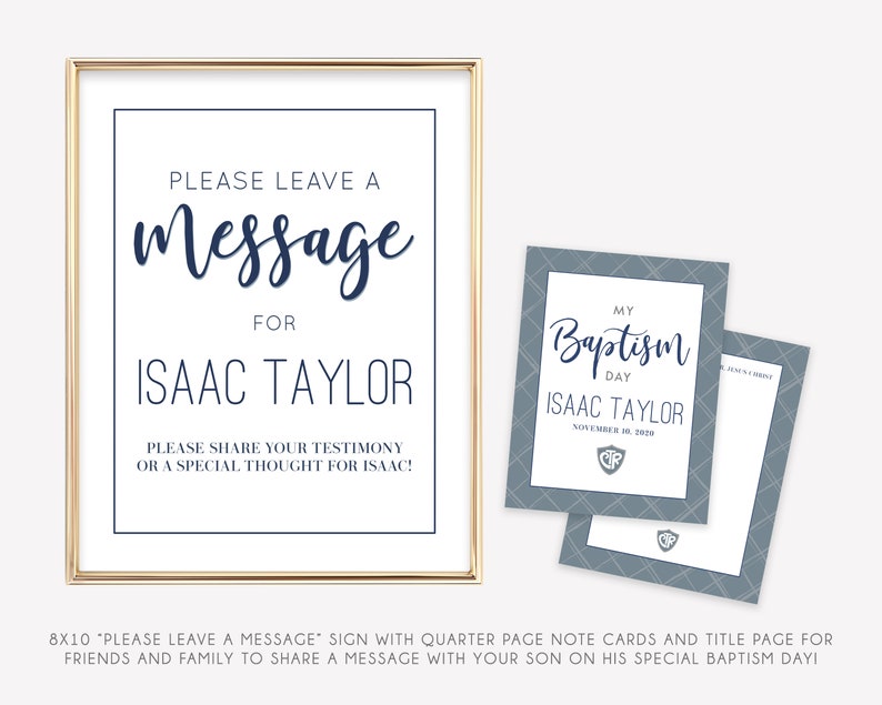 May include: A gold-framed sign with the text "Please Leave a Message for Isaac Taylor" and a smaller sign with the text "My Baptism Day Isaac Taylor November 10, 2020".